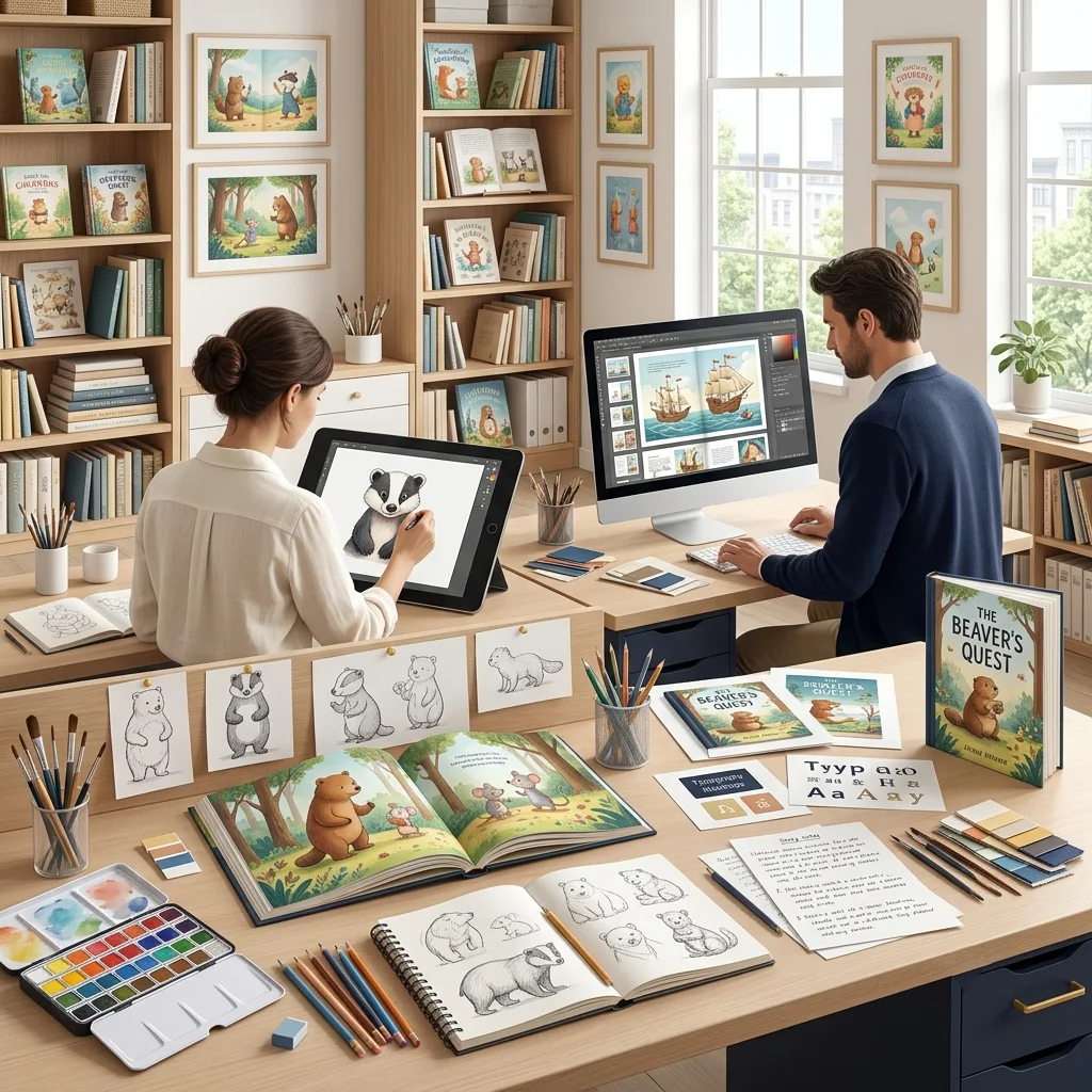 Illustrated open picture book representing the children's book publishing process