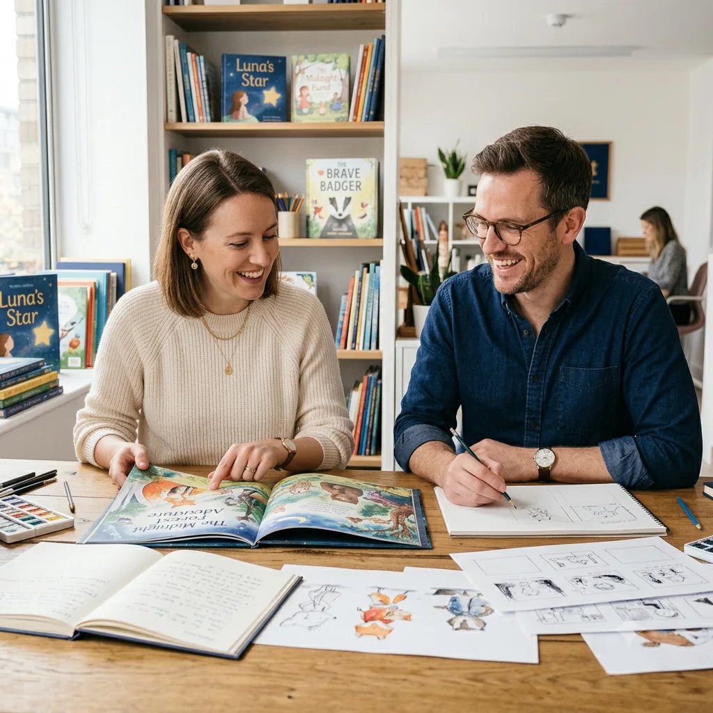 Illustrated open picture book with playful shapes representing custom children's book illustration