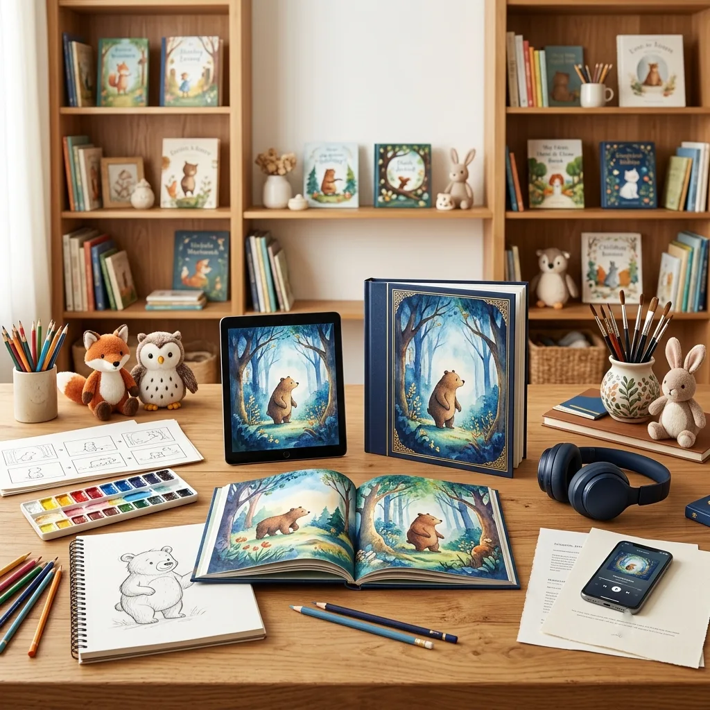Illustration of a book cover designer arranging layout elements on screen