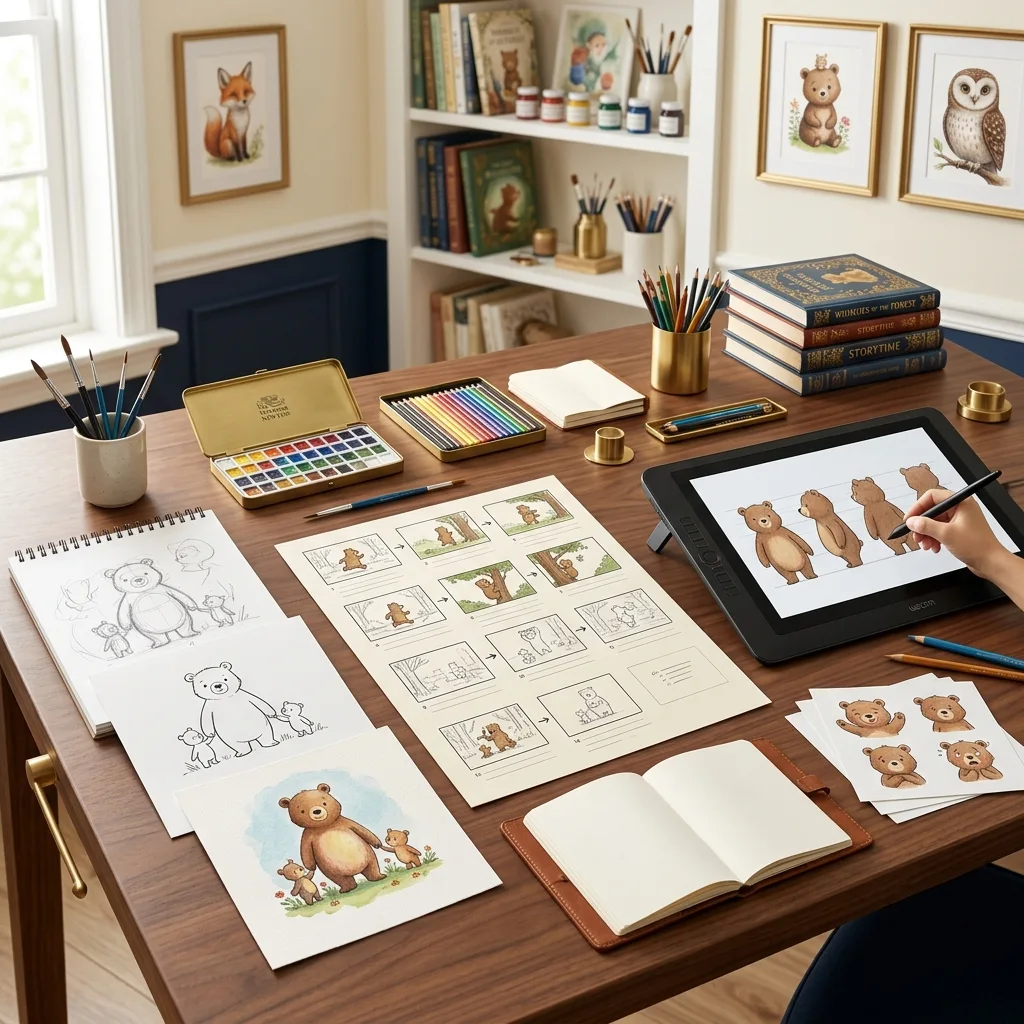 A professional illustrator sketching a children's book character